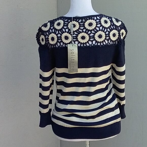 Anthropologie Solitaire Women's Top Med Blue-Cream Crochet Striped Flowers - Picture 6 of 7